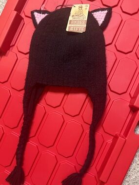 Kids Black Cat Ear Knit Hat with Pink Accents